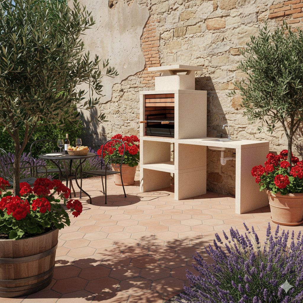 Nexa 609 – Barbacoa moderna con fregadero (lado a elegir) y parrilla de 60×40 (acero inoxidable opcional)