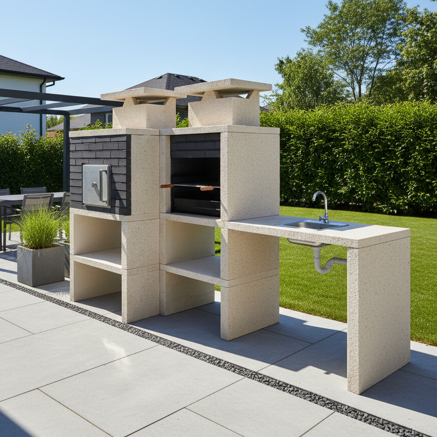 Nexa 614 – Barbacoa moderna con horno de Ø75 cm + Fregadero (reversible) – Parrilla de 60×40 (acero inoxidable opcional)