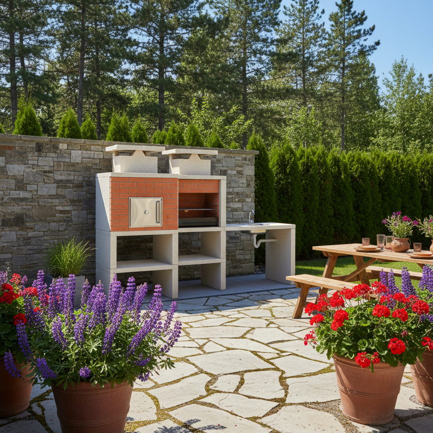 Nexa 614 – Barbacoa moderna con horno de Ø75 cm + Fregadero (reversible) – Parrilla de 60×40 (acero inoxidable opcional)
