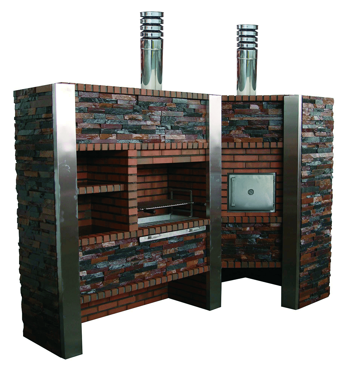 Inoxa 408 (Serie 400) – Cocina de exterior de esquina con horno Ø75, parrilla de acero inoxidable 80×38 y encimera de gres