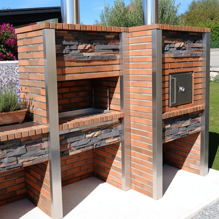 Inoxa 307 – Cocina exterior premium de piedra reconstituida con horno Ø75 cm + barbacoa 80×38 y encimera de gres