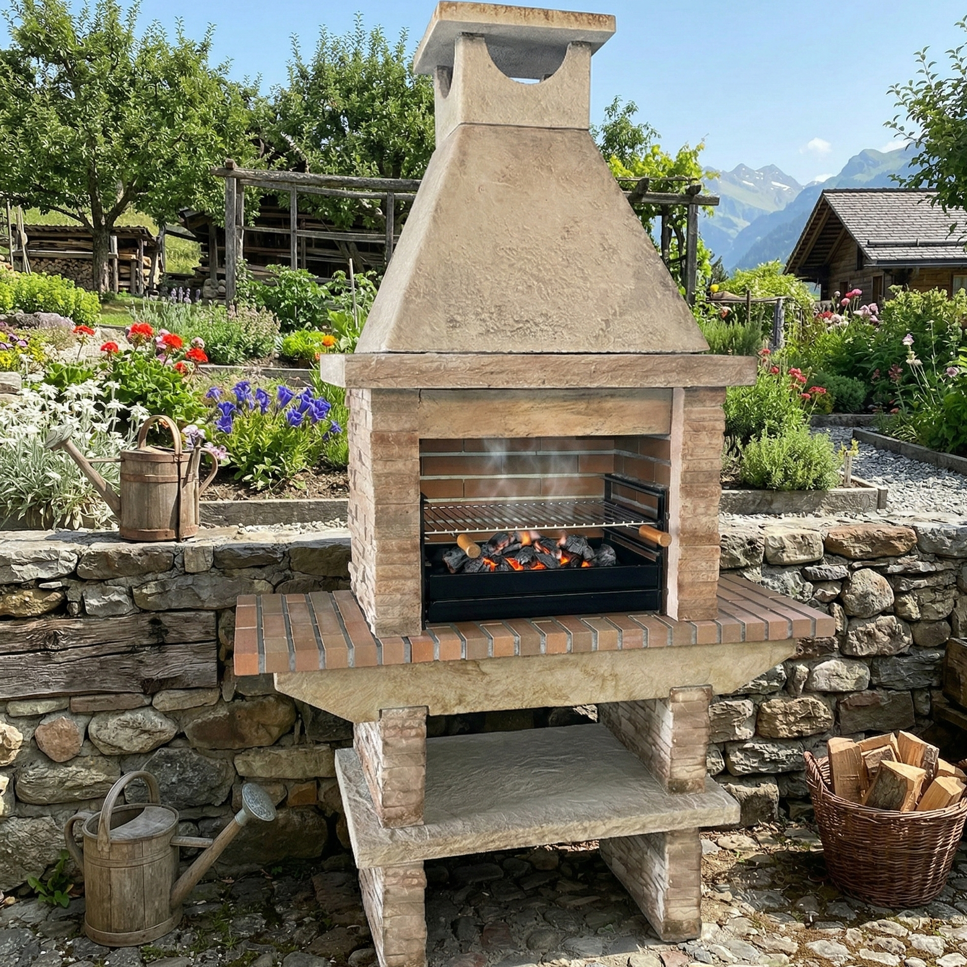 Basalto 260 – Barbacoa de piedra reconstituida de pizarra con estantes laterales (Gris o Marrón) – Parrilla de 60 cm