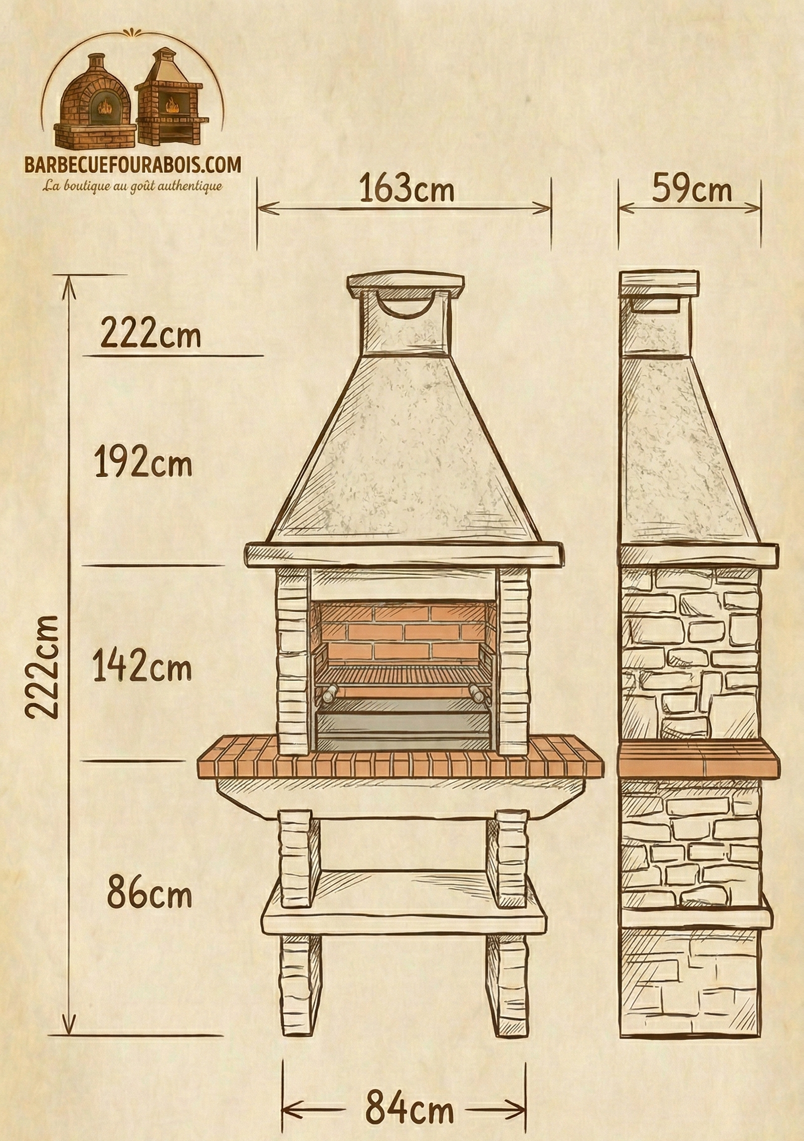 Barbacoa de piedra reconstituida Basalto 280 – Grill de 80 cm, con estantes laterales