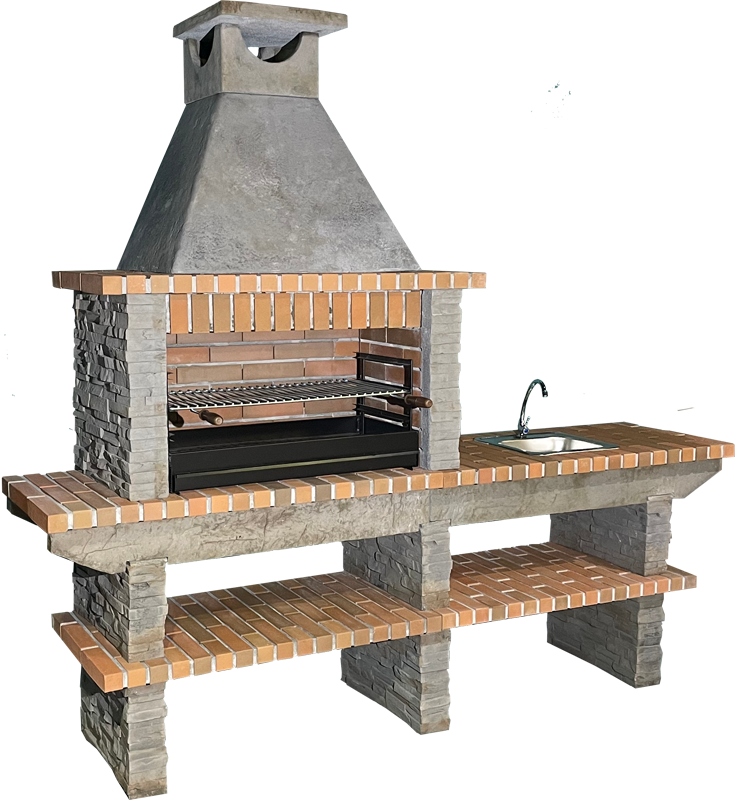 Basalto 380 – Barbacoa de piedra reconstituida de esquisto con extensión – Parrilla 80 cm (Gris o Marrón) – Fregadero de acero inoxidable opcional