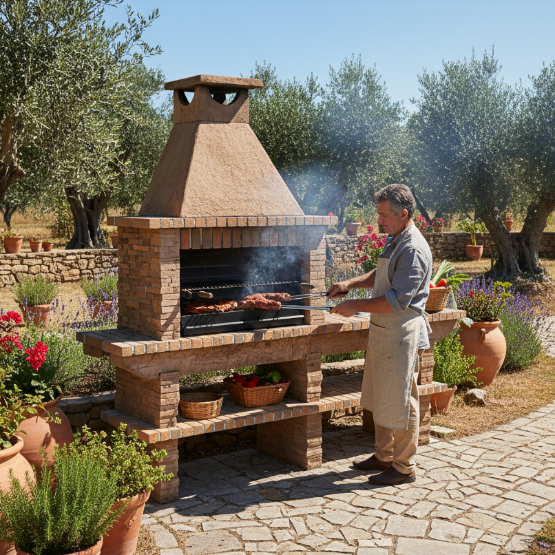 Basalto 380 – Barbacoa de piedra reconstituida de esquisto con extensión – Parrilla 80 cm (Gris o Marrón) – Fregadero de acero inoxidable opcional