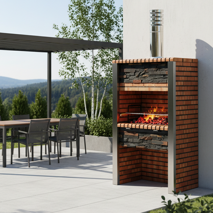 Inoxa 303 – Barbacoa premium de piedra reconstruida con columnas de acero inoxidable (parrilla 80×38 cm)
