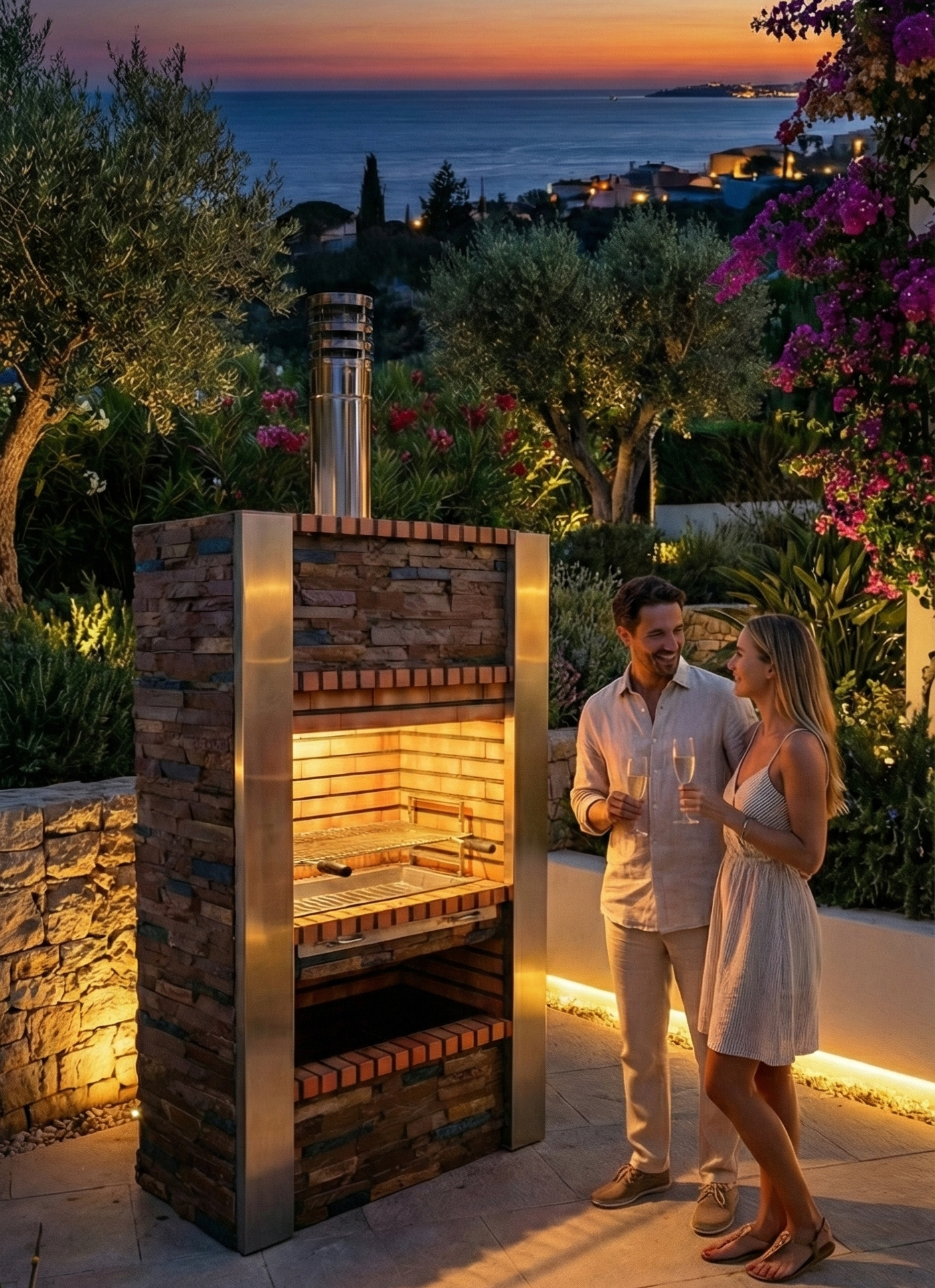 Inoxa 401 – Barbacoa premium Serie 400 de piedra reconstituida y pizarra, columnas de acero inoxidable (parrilla de acero inoxidable de 80×38 incluida)
