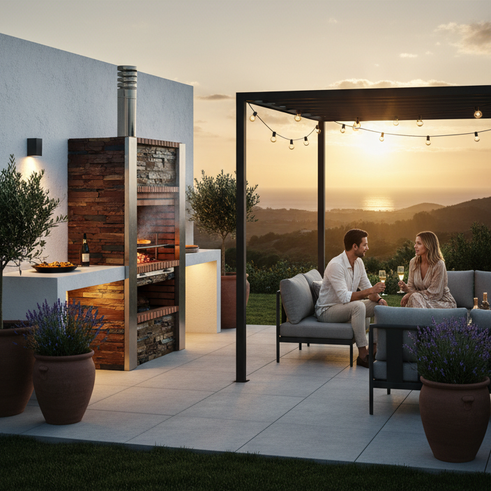 Inoxa 401 – Barbacoa premium Serie 400 de piedra reconstituida y pizarra, columnas de acero inoxidable (parrilla de acero inoxidable de 80×38 incluida)