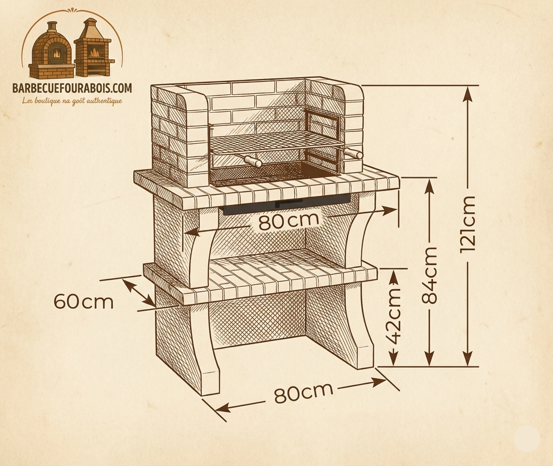 Brava 129 – Barbacoa de ladrillo sin campana (carbón y leña) – Compacta 80×60 cm