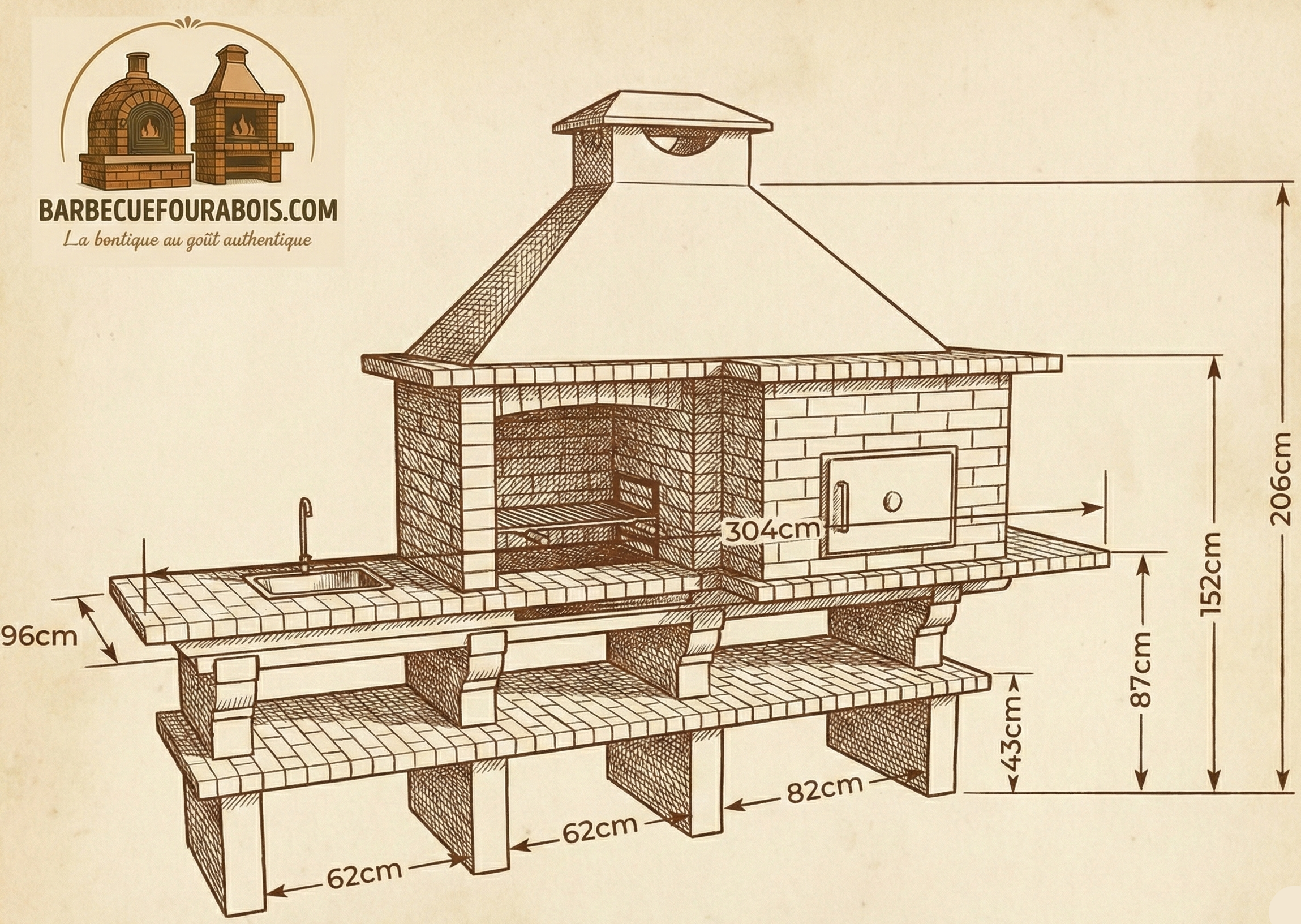 Brava 102F – Cocina exterior de ladrillo en línea con Horno Ø80 cm y Fregadero (grifo incluido)