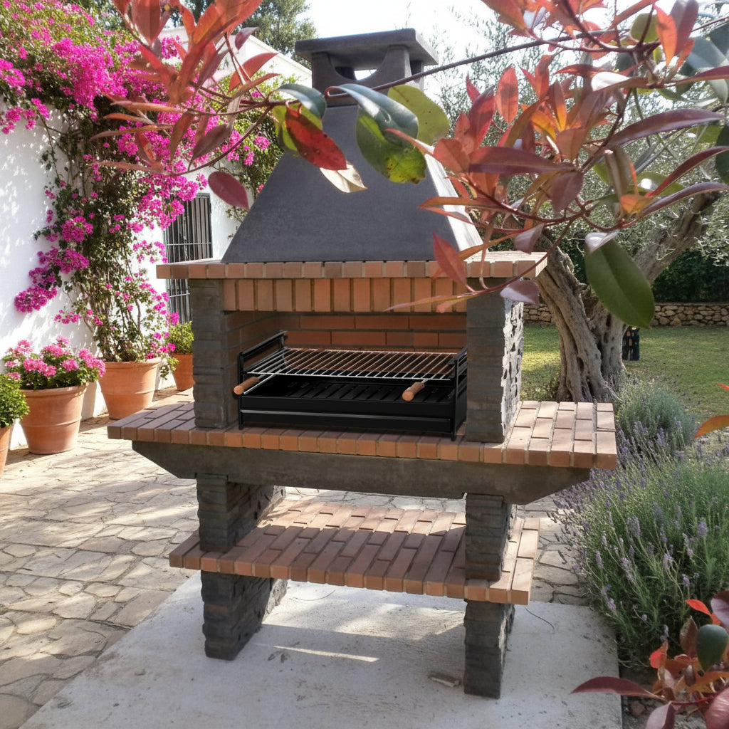 Barbacoa de piedra reconstituida Basalto 280 – Grill de 80 cm, con estantes laterales