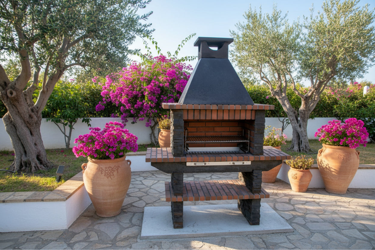 Barbacoa de piedra reconstituida Basalto 280 – Grill de 80 cm, con estantes laterales