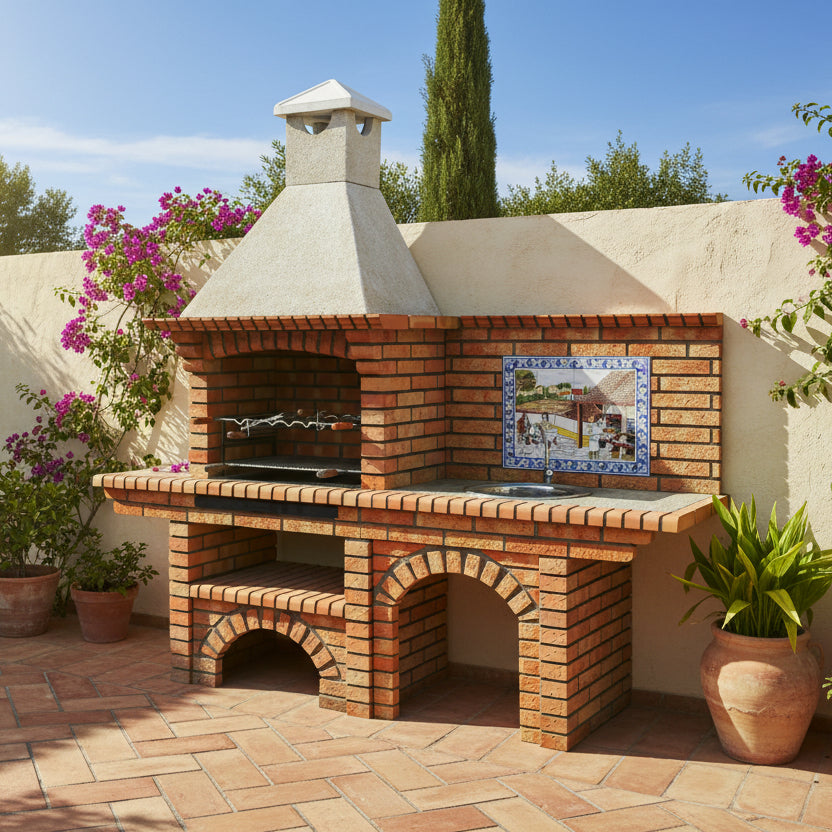 Calabria 502G – Barbacoa de ladrillo y piedra reconstituida con encimera – abertura de 70 cm