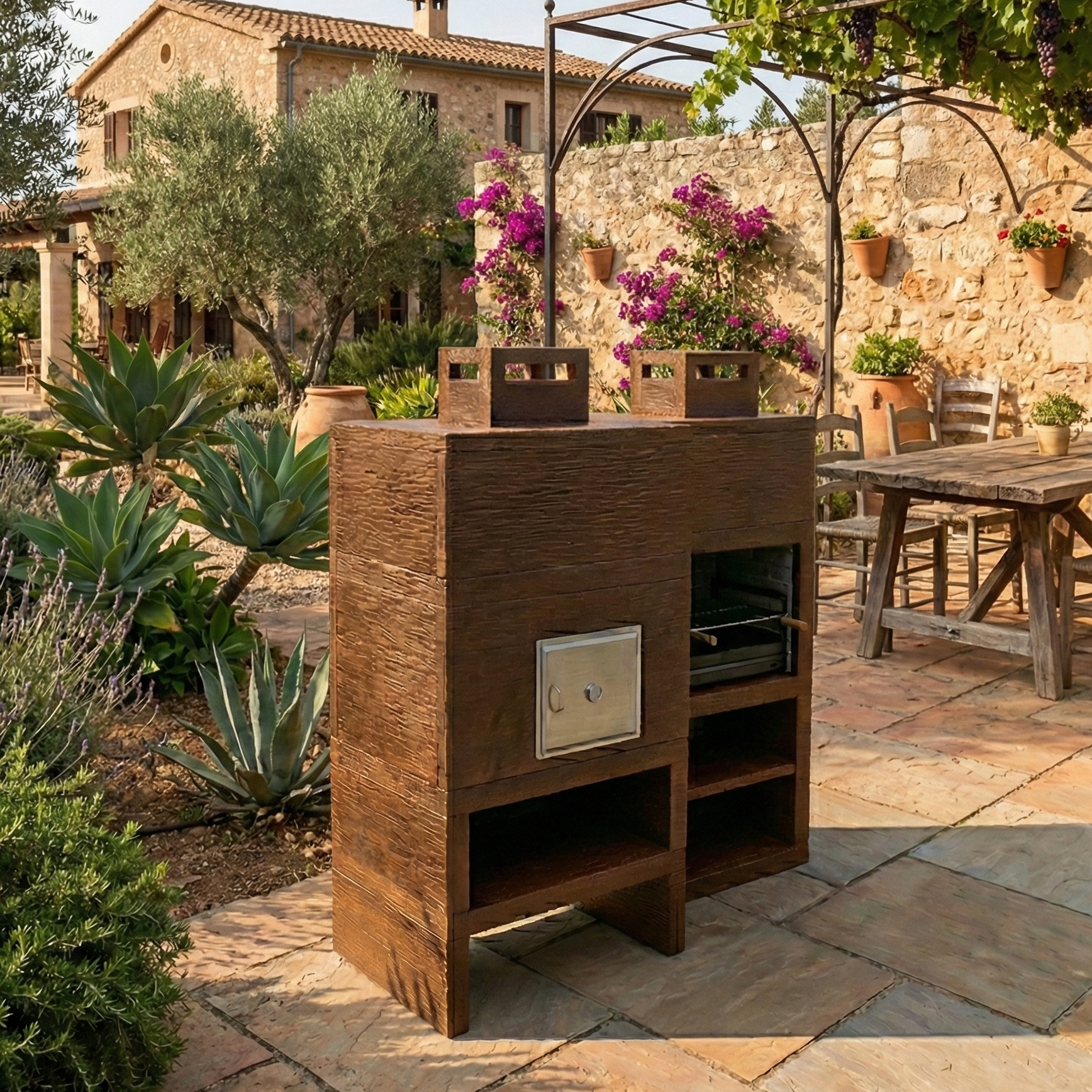 Línea 10F – Barbacoa moderna + Horno de leña Ø80 cm (parrilla de acero de 60 cm incluida)
