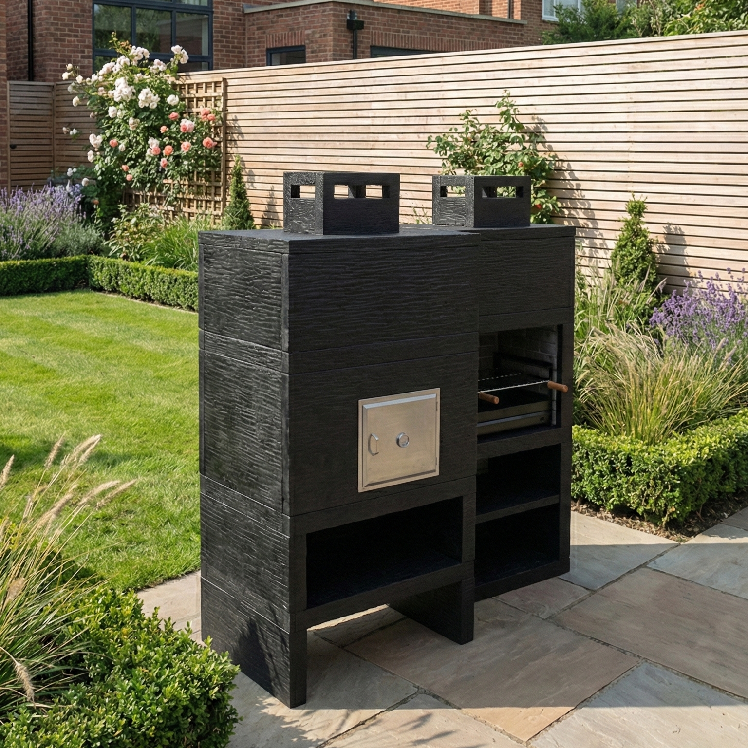 Línea 10F – Barbacoa moderna + Horno de leña Ø80 cm (parrilla de acero de 60 cm incluida)
