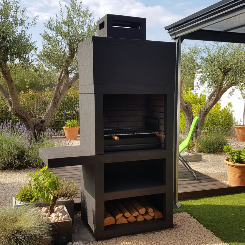 Línea 15 – Barbacoa moderna con balda lateral (4 colores) – parrilla de acero de 60 cm incluida