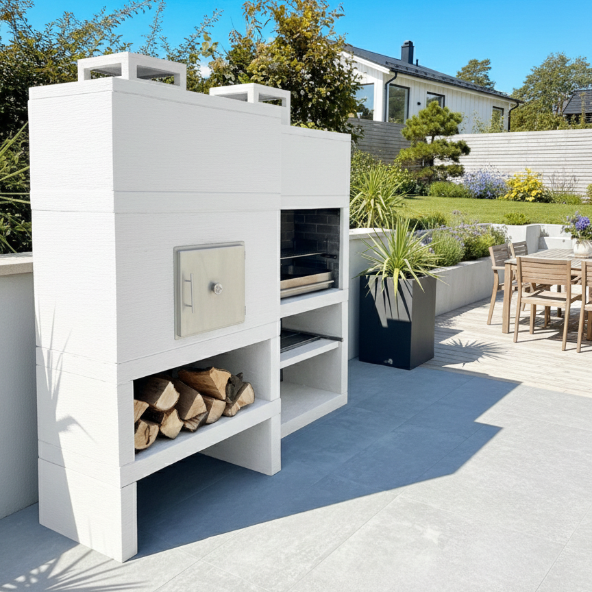 Línea 25F – Barbacoa moderna + Horno de leña Ø80 cm (kit de aislamiento incluido) – parrilla de acero 80 cm