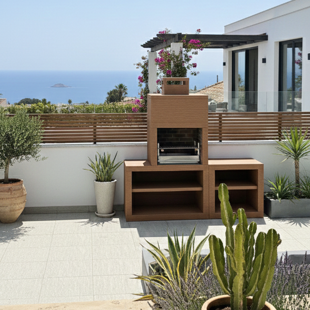 Línea 30 – Cocina exterior moderna de 200 cm (módulos intercambiables) – parrilla de acero de 60 cm, fregadero opcional