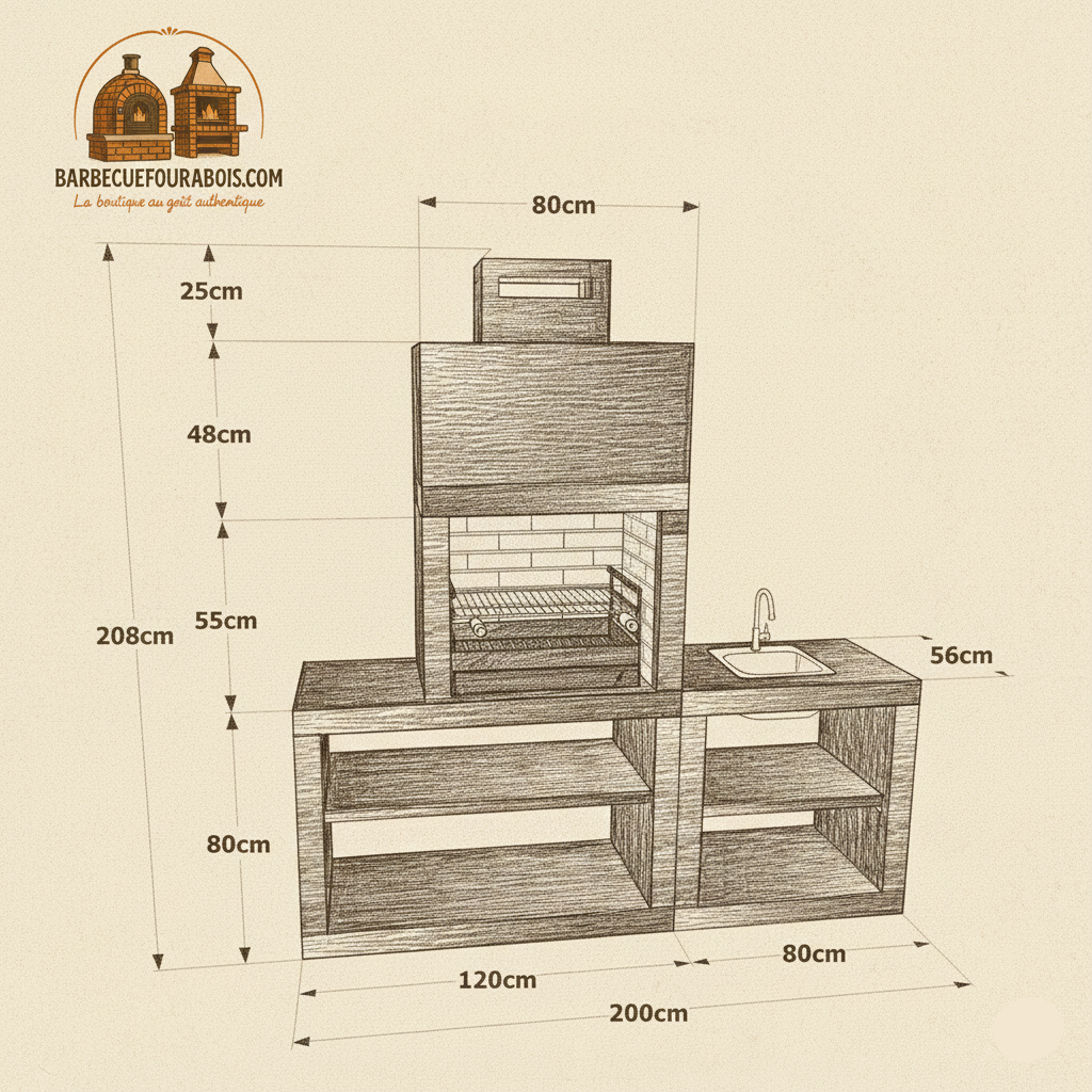 Línea 30 – Cocina exterior moderna de 200 cm (módulos intercambiables) – parrilla de acero de 60 cm, fregadero opcional