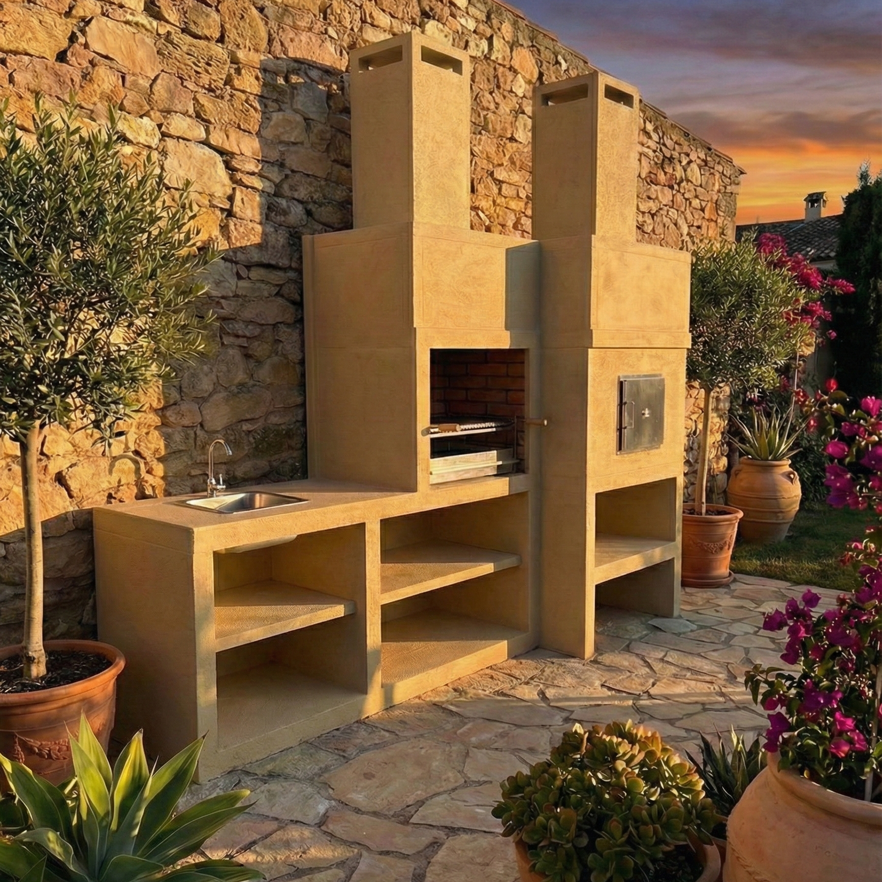 Línea 30F – Cocina exterior modular con Horno Ø80 cm, Parrilla 60 cm y módulo fregadero (opcional)