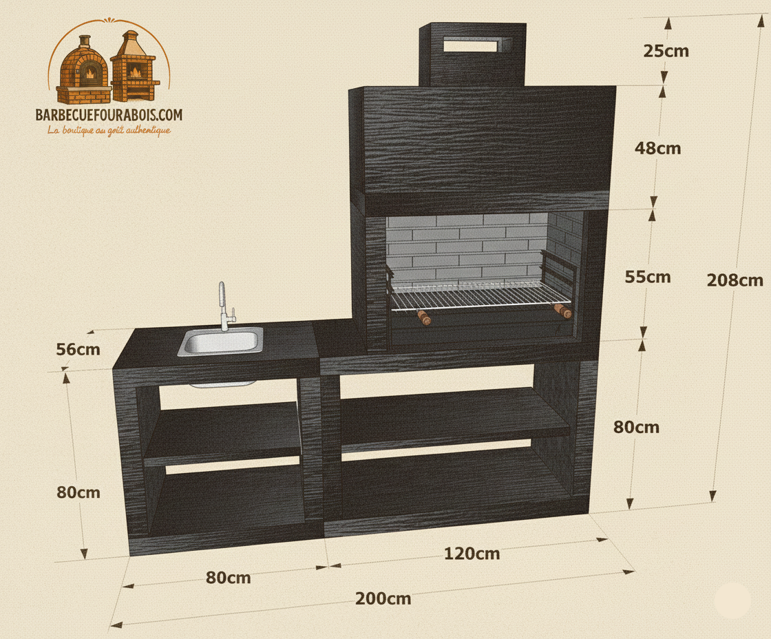 Línea 35 – Cocina exterior moderna de 200 cm (módulos intercambiables) – parrilla de acero de 80 cm, fregadero opcional