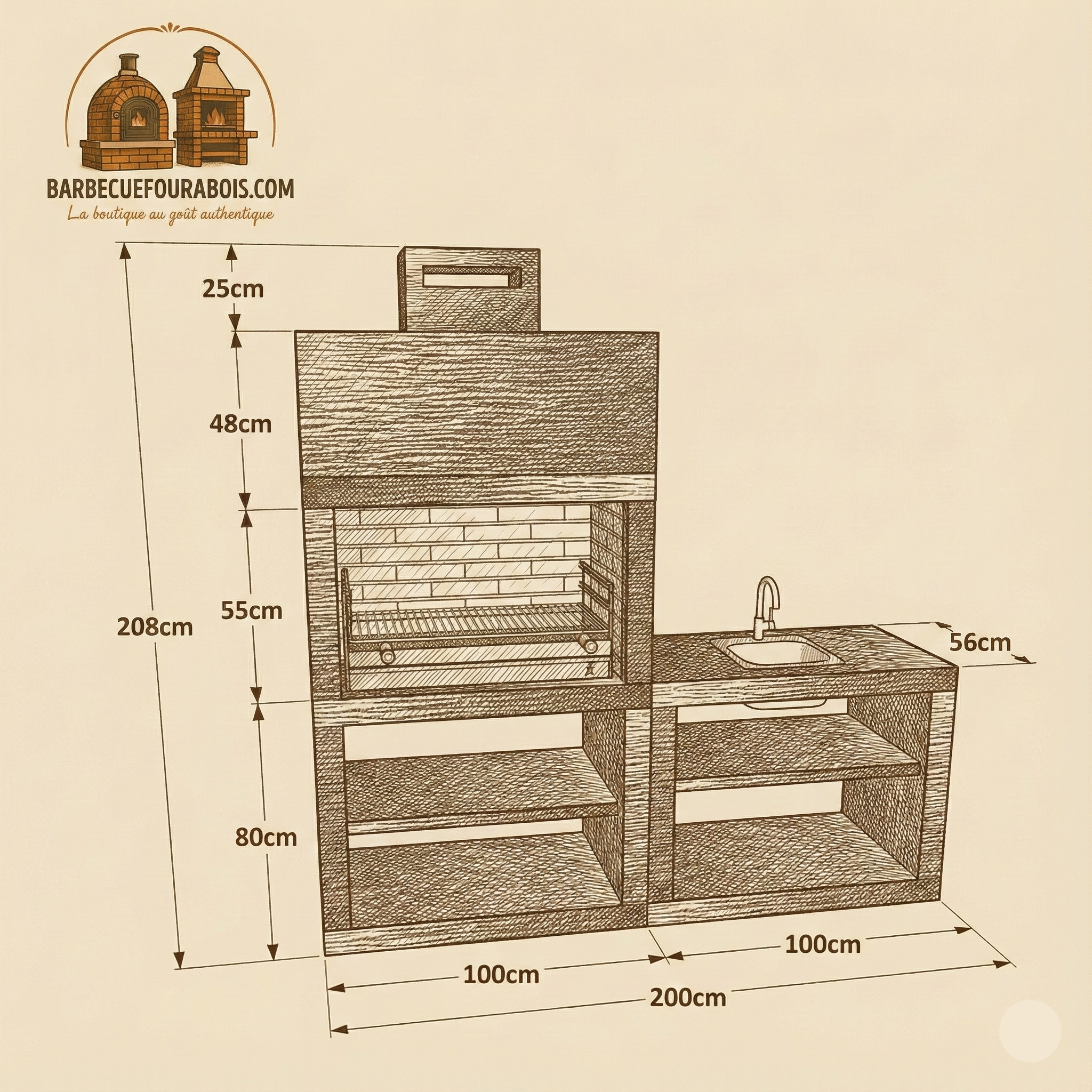 Línea 42 – Cocina exterior moderna 200 cm (4 colores) – asador de acero 80 cm, fregadero opcional