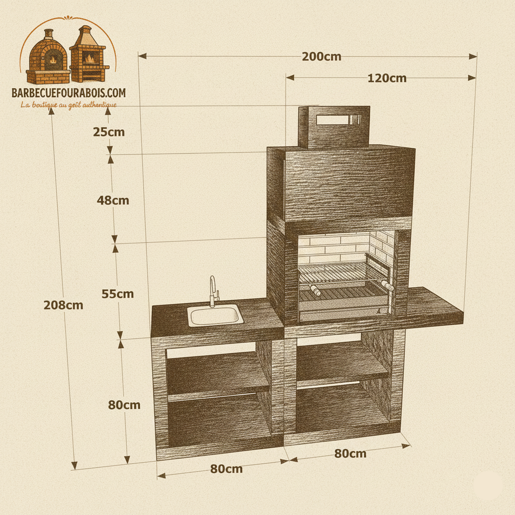 Línea 45 – Cocina exterior moderna de 200 cm (módulos intercambiables) – parrilla de acero de 60 cm, fregadero opcional