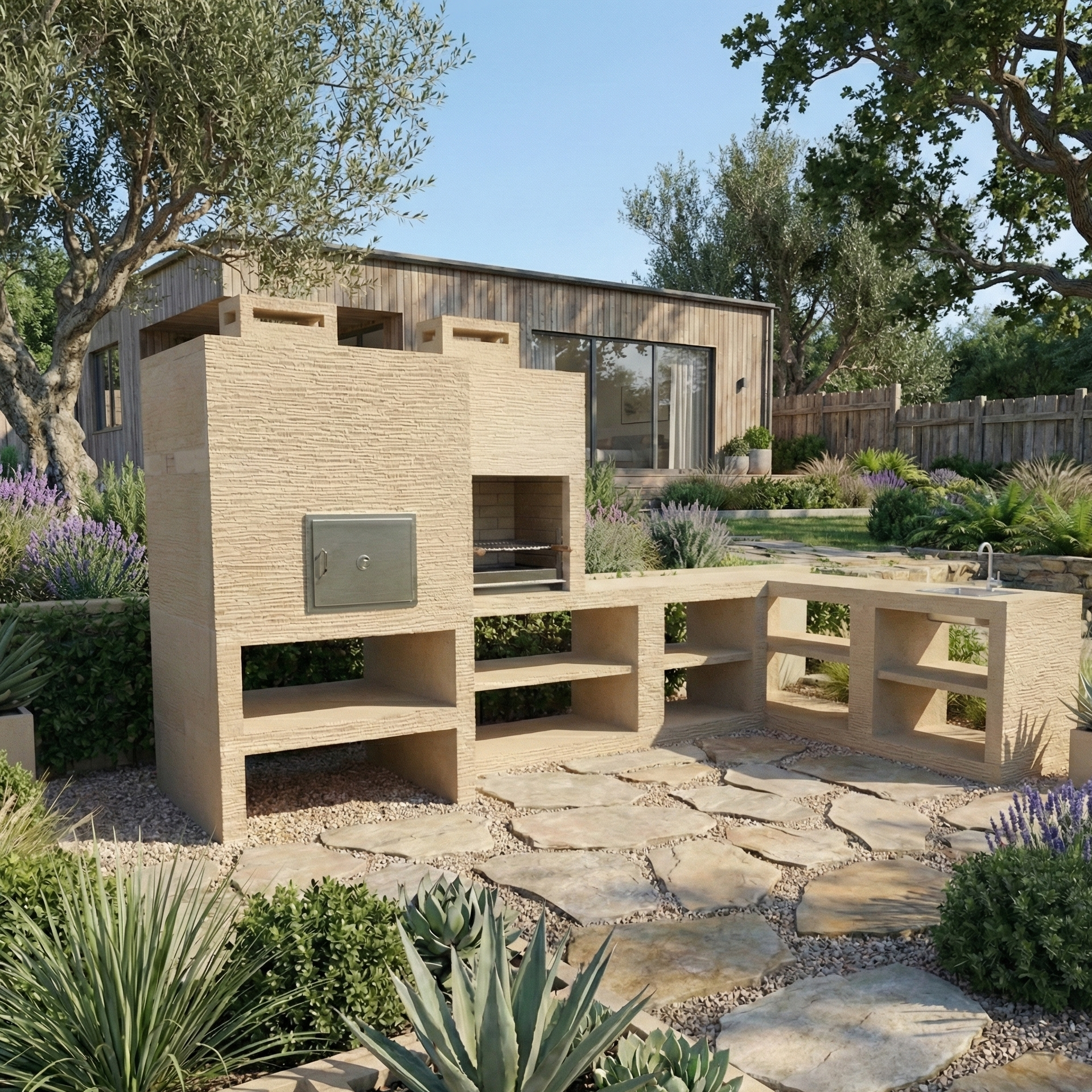 Línea 55F – Cocina exterior angular modular con horno de Ø80 cm y parrilla de 60 cm (fregadero opcional)
