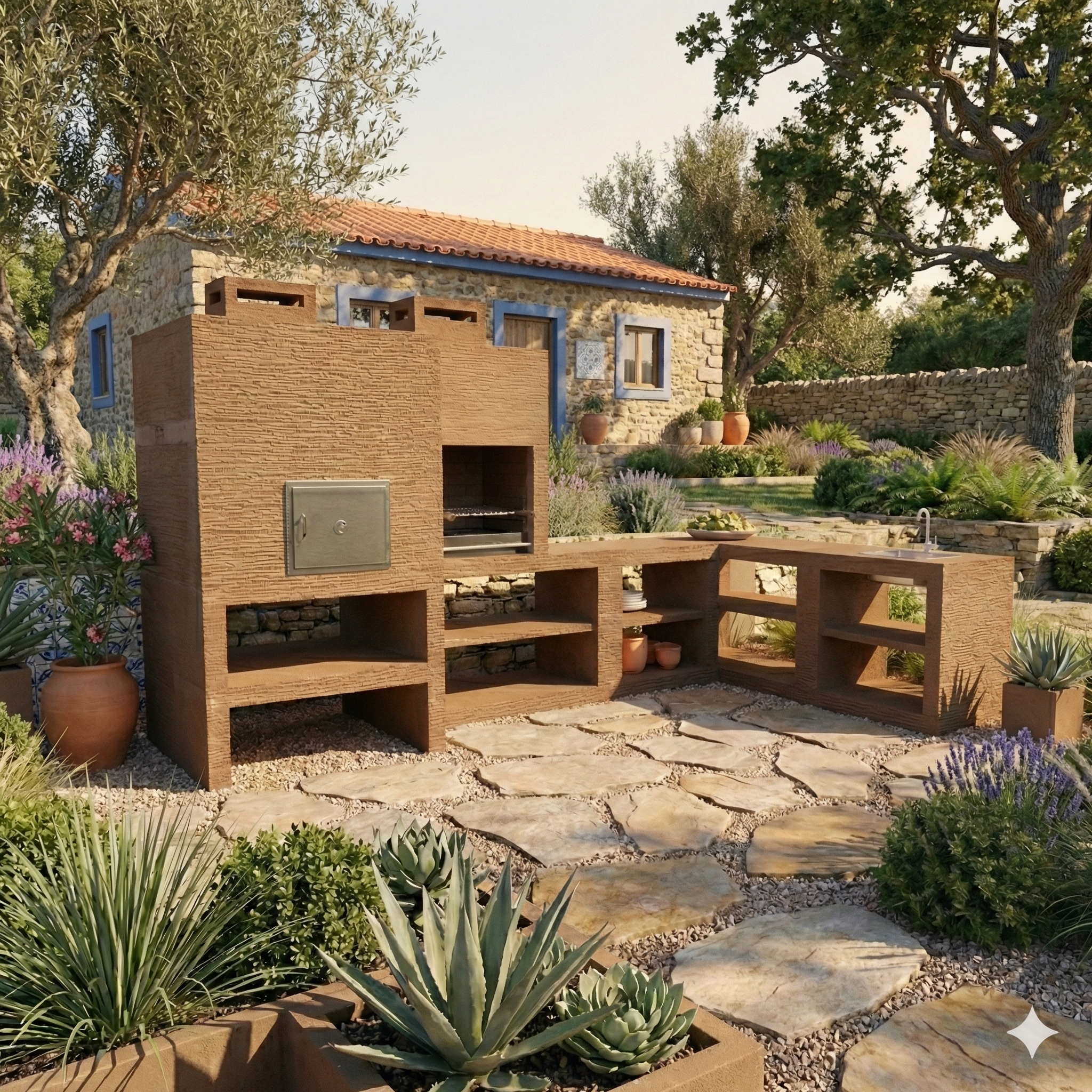 Línea 55F – Cocina exterior angular modular con horno de Ø80 cm y parrilla de 60 cm (fregadero opcional)