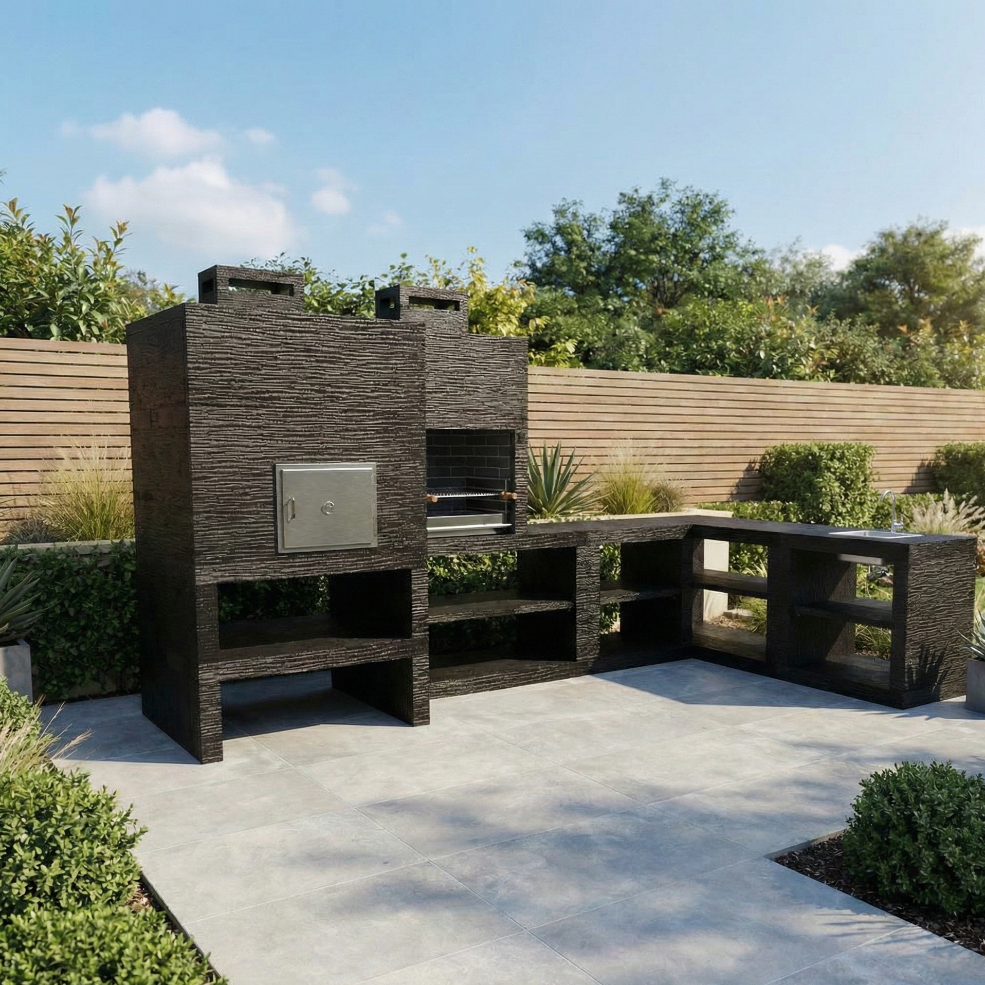 Línea 55F – Cocina exterior angular modular con horno de Ø80 cm y parrilla de 60 cm (fregadero opcional)