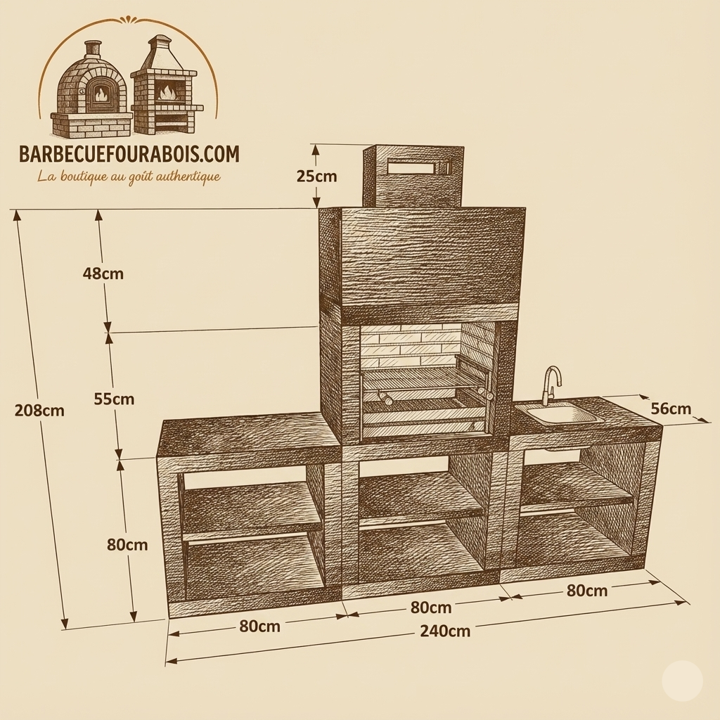 Línea 60 – Cocina exterior moderna de 240 cm (2 módulos) – parrilla de acero de 60 cm, fregadero opcional