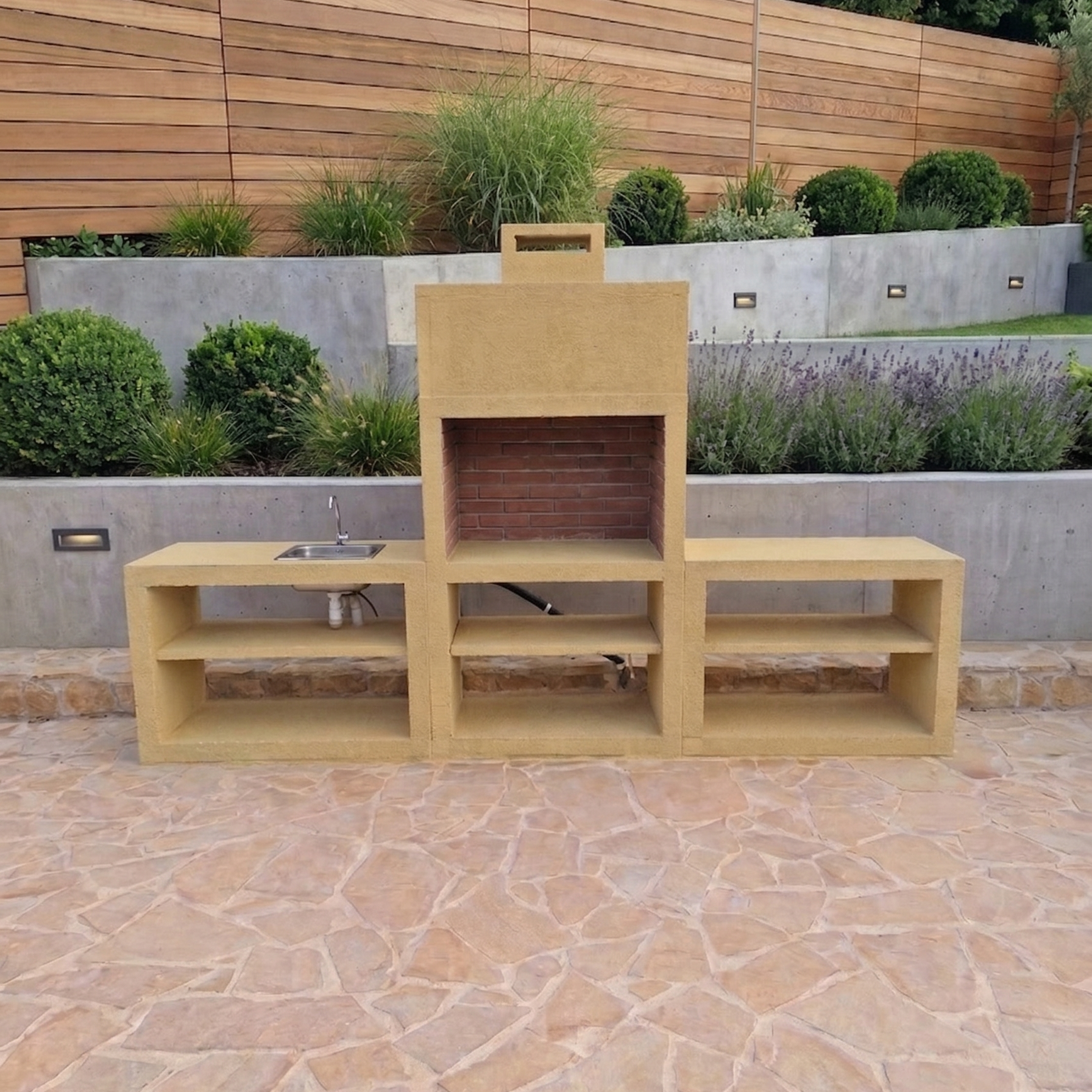 Línea 64 – Cocina exterior moderna 300 cm (2 módulos) – asador de acero 80 cm, fregadero opcional