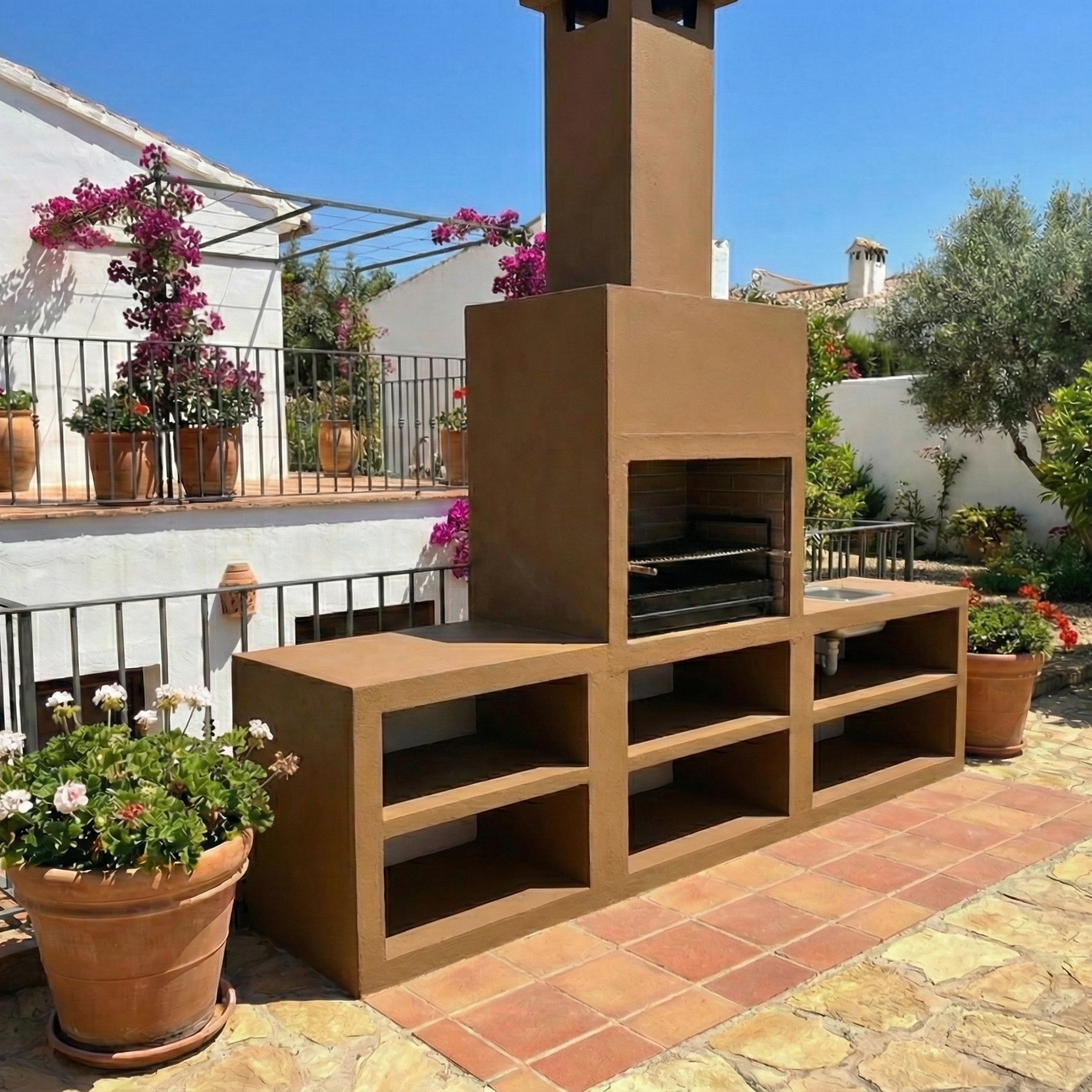 Línea 64 – Cocina exterior moderna 300 cm (2 módulos) – asador de acero 80 cm, fregadero opcional