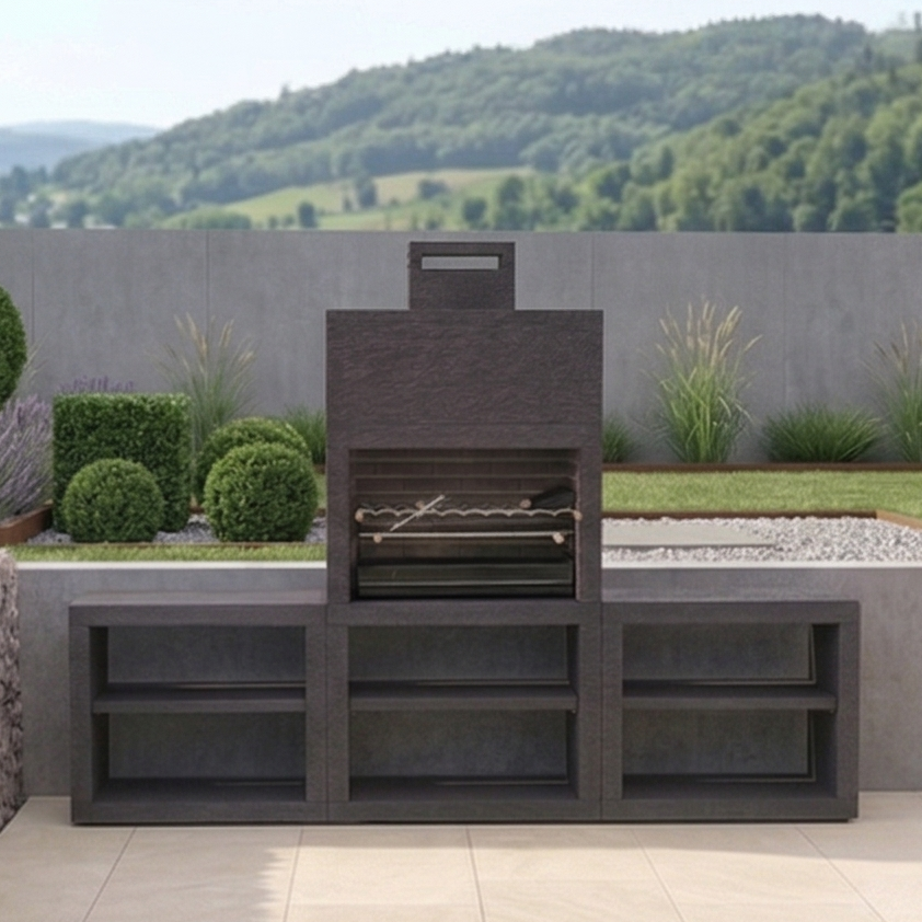 Línea 64 – Cocina exterior moderna 300 cm (2 módulos) – asador de acero 80 cm, fregadero opcional