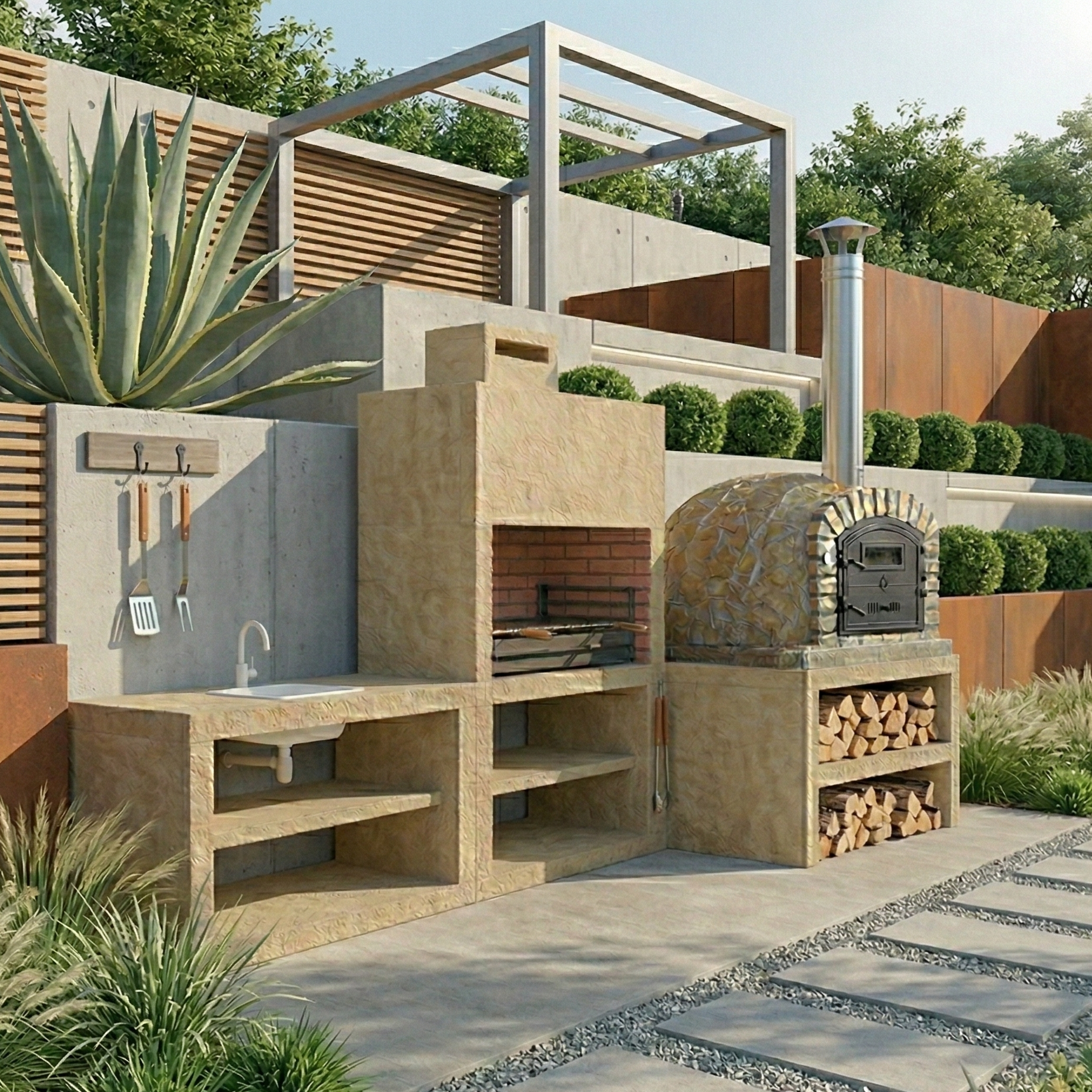 Línea 71F – Cocina exterior modular con parrilla 80 cm + banco para horno 100×100 (fregadero opcional)