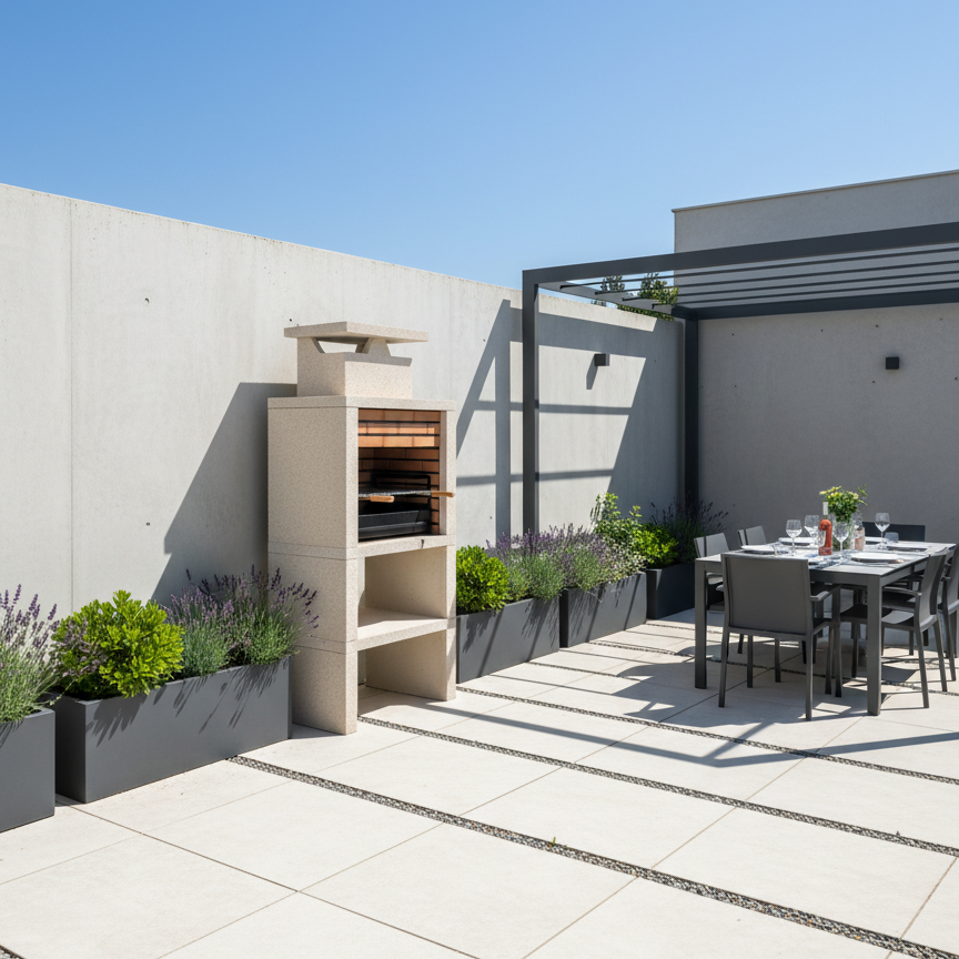 Nexa 601 – Barbacoa moderna piedra amarilla, ladrillos a elegir, parrilla 60×40 cm