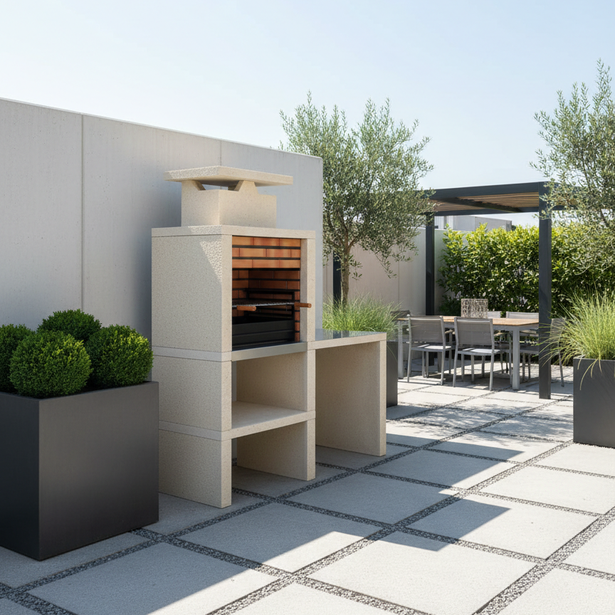 Nexa 607 – Barbacoa moderna con encimera reversible, parrilla de 60×40 (ladrillos grises opcionales)
