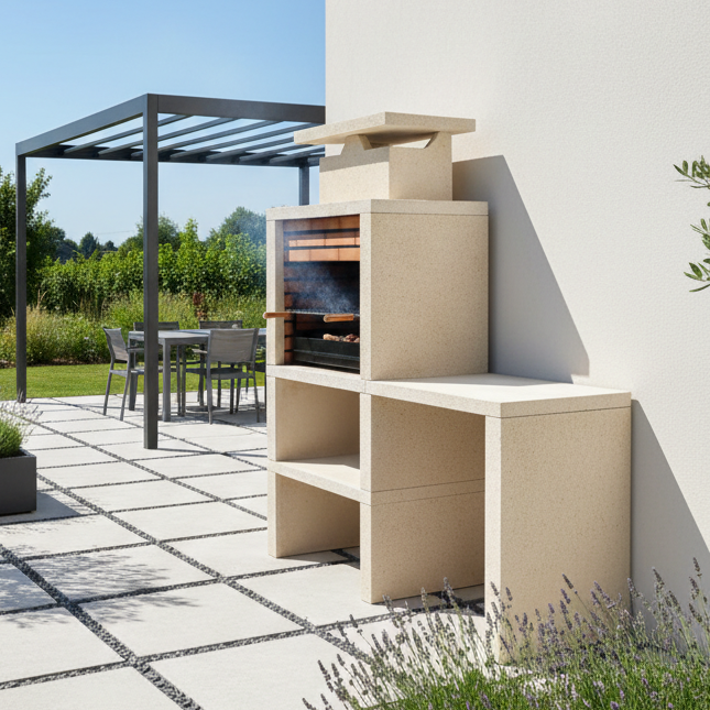 Nexa 607 – Barbacoa moderna con encimera reversible, parrilla de 60×40 (ladrillos grises opcionales)