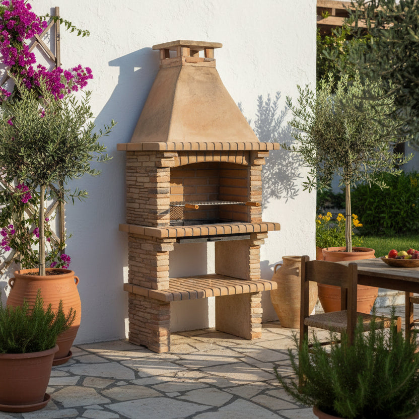 Barbacoa Riviera 400 de Piedra Reconstituida – Parrilla Regulable, Estilo Mediterráneo